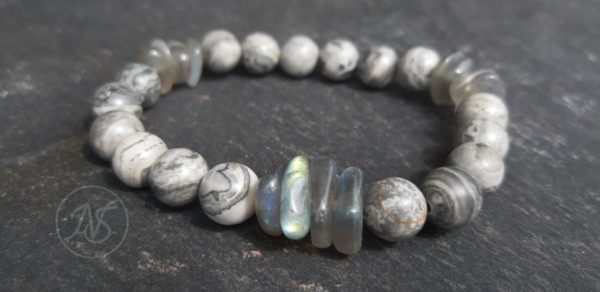 Bracelet naturel en labradorite et jaspe gris